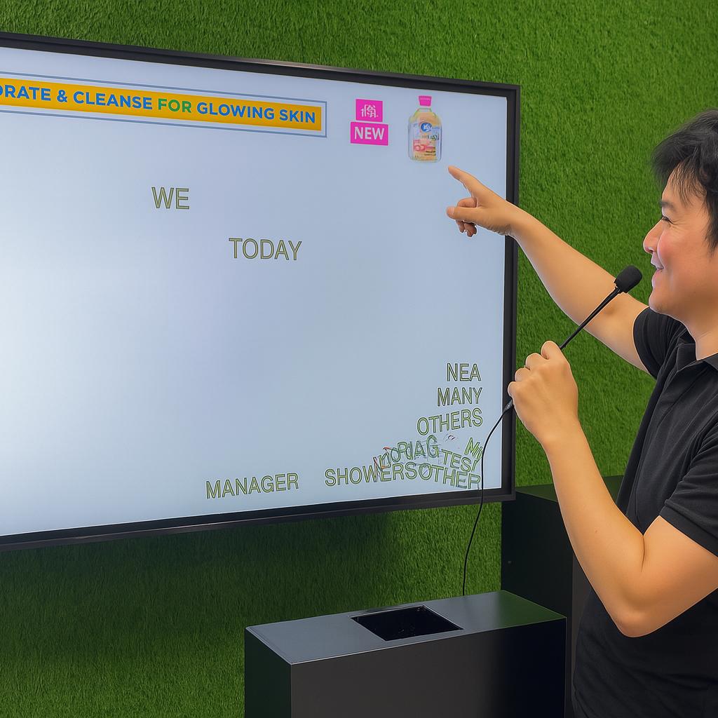 Arab woman using Sayit AI at a Dubai corporate event, speaking into a mic as 3D branded text appears on a large screen, showcasing interactive event technology rental